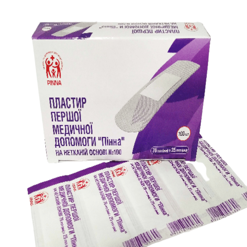 Пластир першої медичної допомоги на нетканій основі Пінна 76mm х 25mm №100